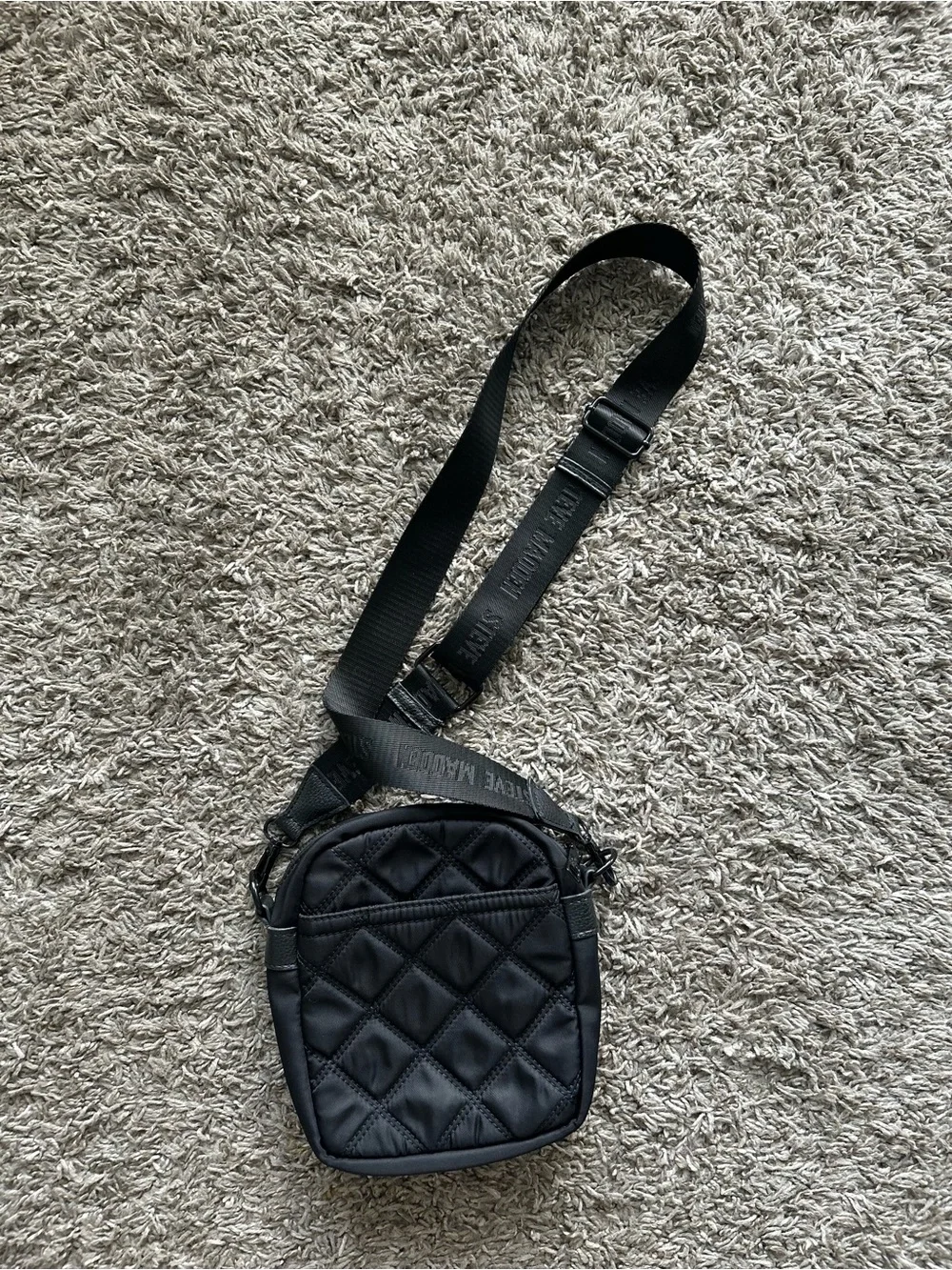 Steve Madden Black Quilted Crossbody Bag | Logo Strap Sling Bag